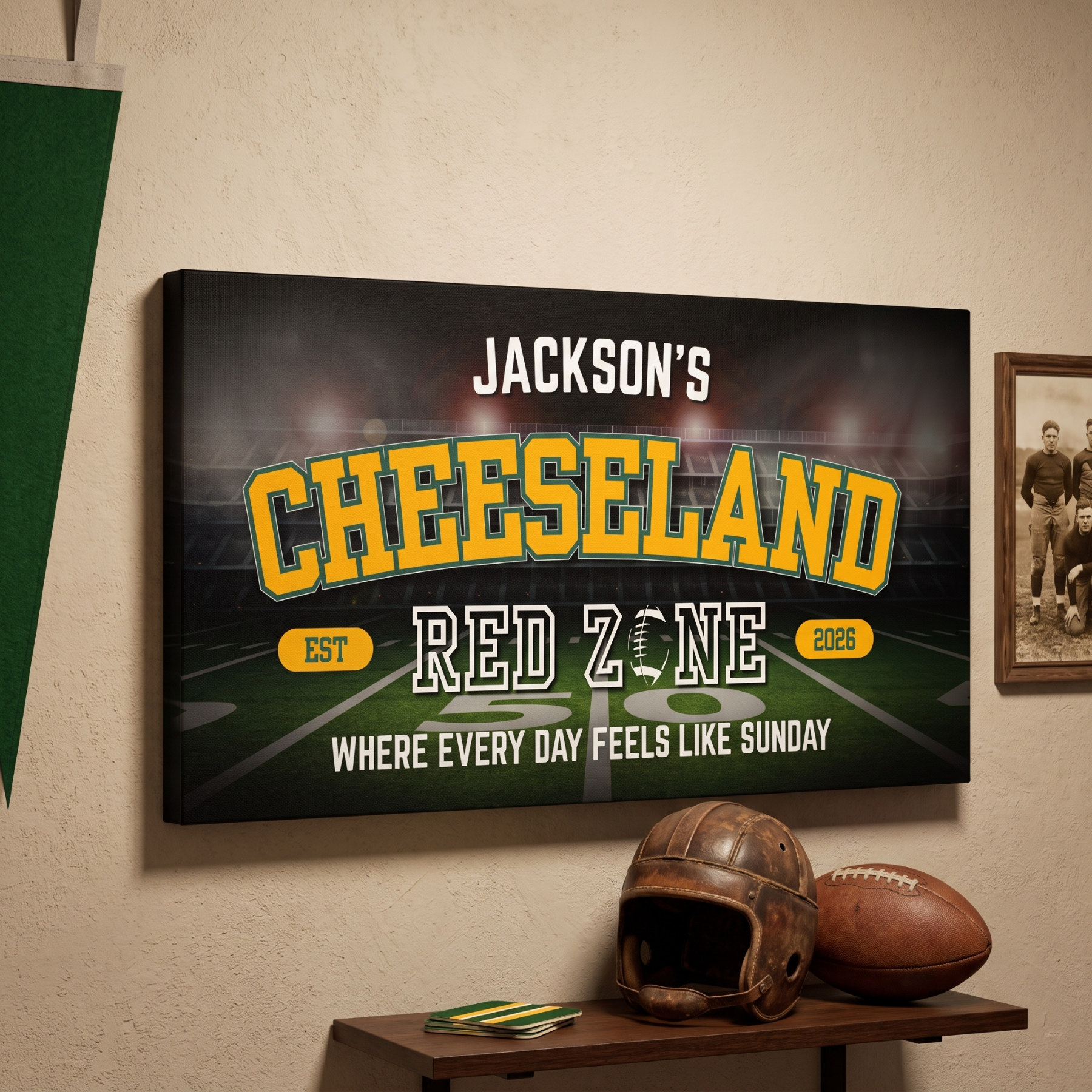 Green Bay Football Sign featuring personalized name in Cheeseland themed wall art canvas for man cave decor.