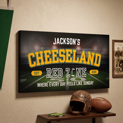Green Bay Football Sign featuring personalized name in Cheeseland themed wall art canvas for man cave decor.