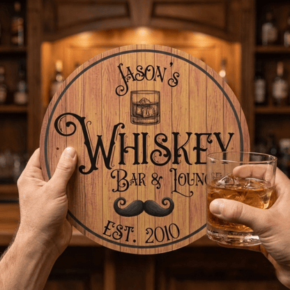 Whiskey Barrel Sign displaying personalized design for Jason's Whiskey Bar & Lounge with established year 2010.