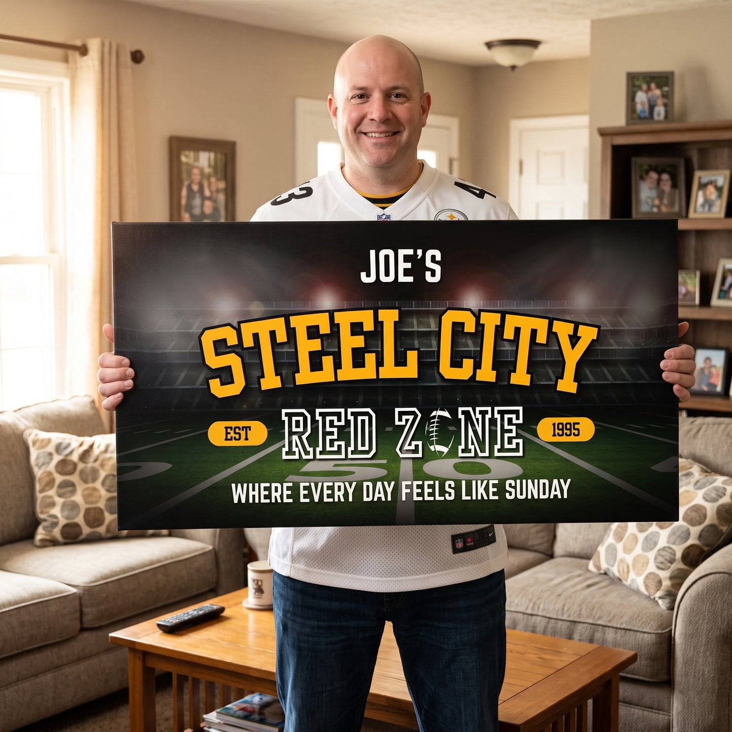 Pittsburgh Football Sign featuring personalized 'Joe's Steel City Red Zone' on canvas wall art.