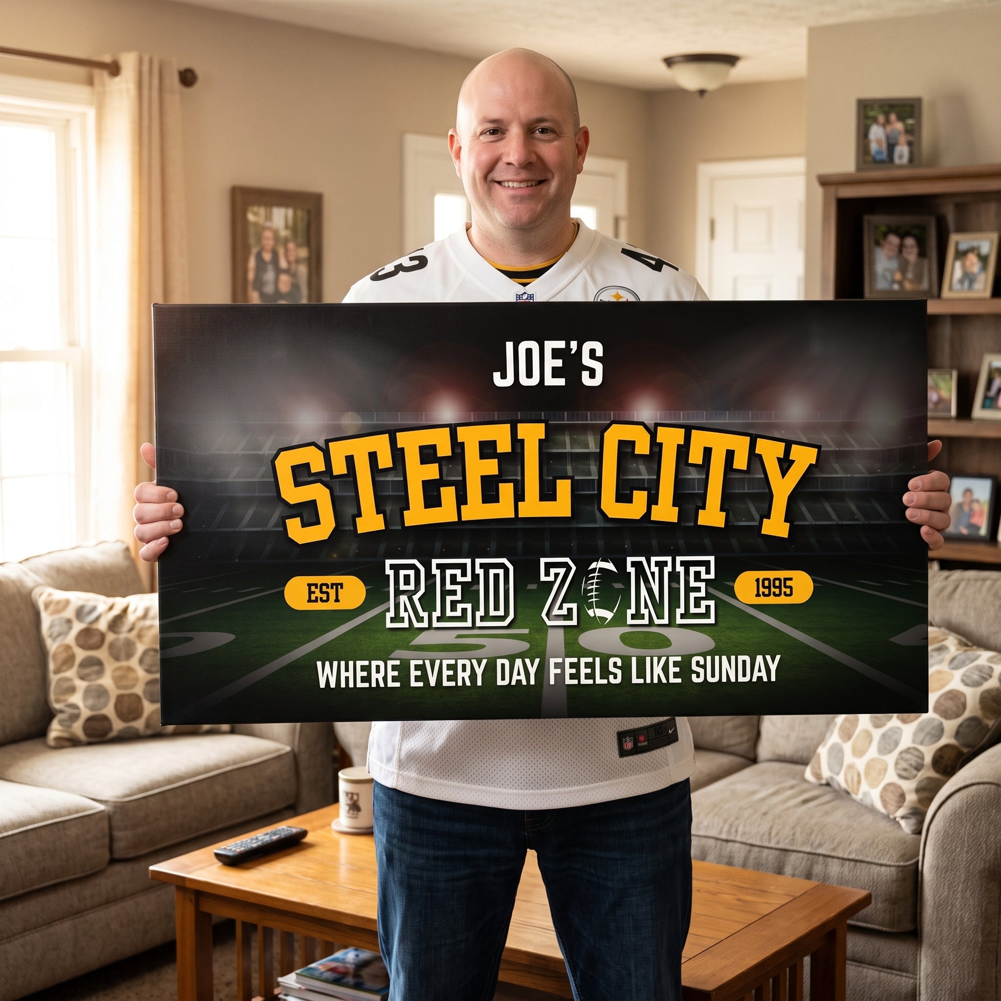 Pittsburgh Football Sign featuring personalized 'Joe's Steel City Red Zone' on canvas wall art.