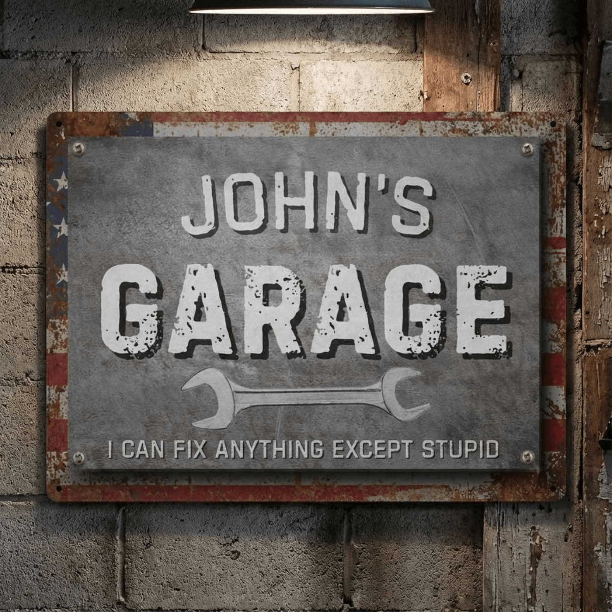 Metal Garage Sign featuring personalized design with humorous text and American flag accents.
