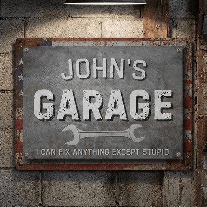 Metal Garage Sign featuring personalized design with humorous text and American flag accents.