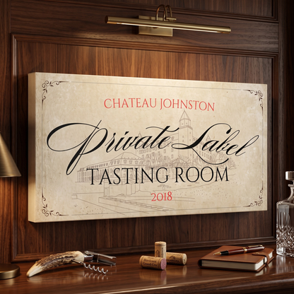Wine Bar Sign featuring elegant typography, personalized design, and vineyard details for a tasting room decor.