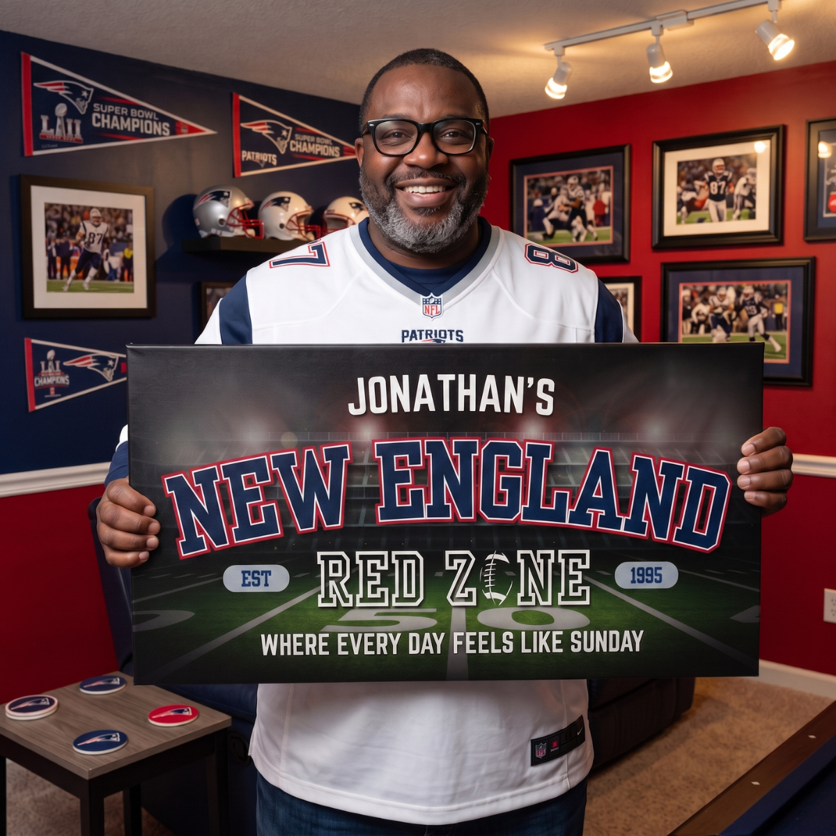 New England Football Sign held by fan in Patriots jersey, personalized for Jonathan, perfect for man cave decor.