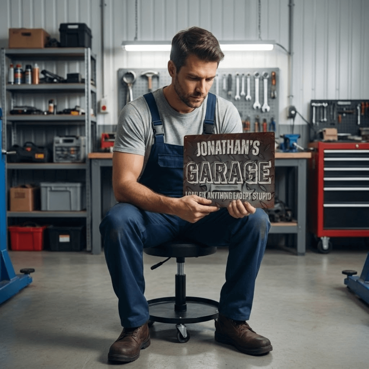 Metal Garage Sign held by a mechanic in a workshop featuring a diamond plate design and personalized text.