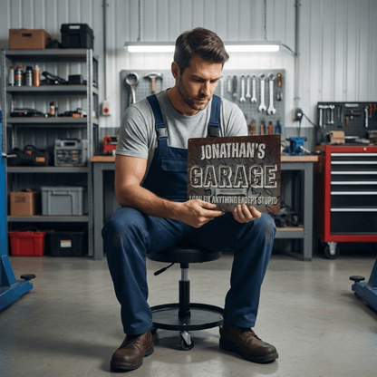 Metal Garage Sign held by a mechanic in a workshop featuring a diamond plate design and personalized text.
