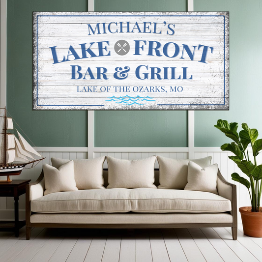 Personalized Lake Front Bar & Grill Home Bar Canvas