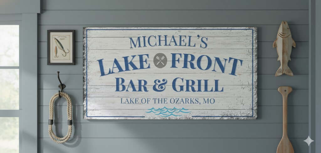 Personalized Lake House Sign featuring Lake Front Bar & Grill for a waterfront retreat decor