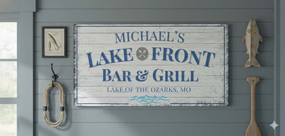 Personalized Lake House Sign featuring Lake Front Bar & Grill for a waterfront retreat decor
