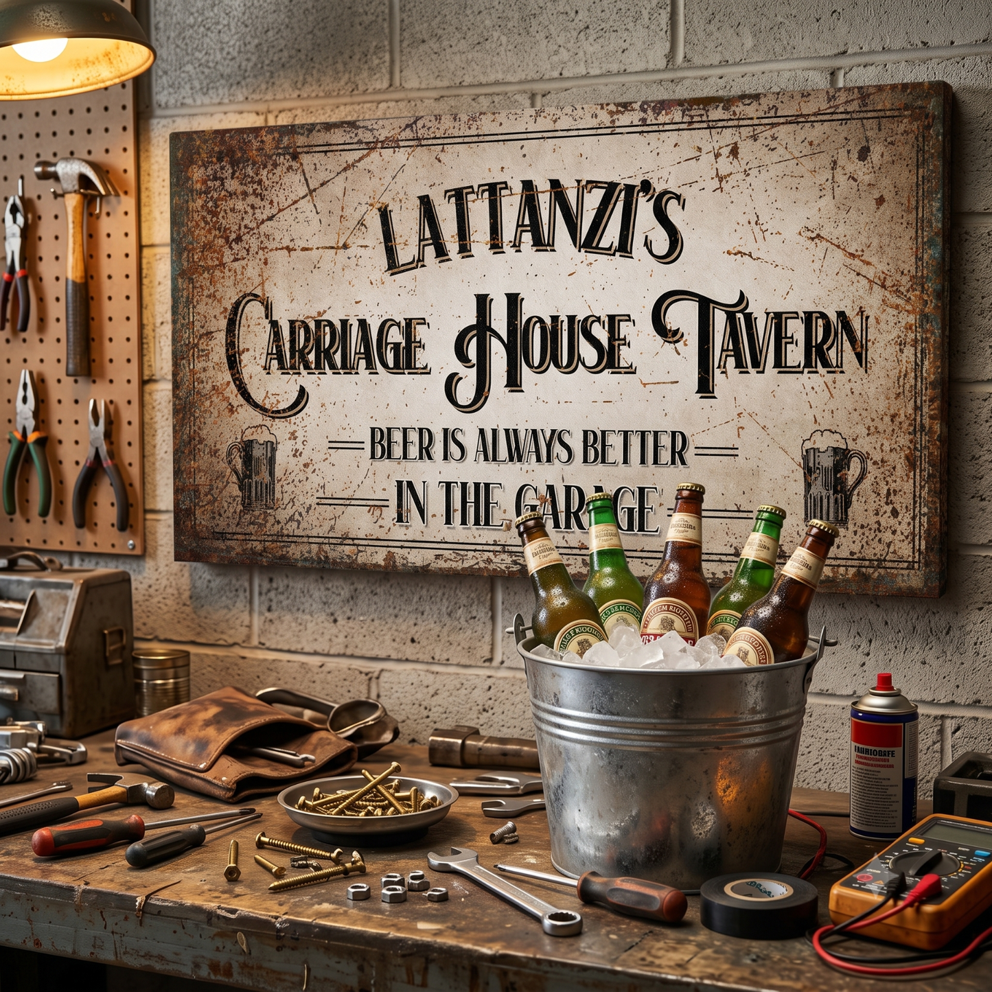 Garage Beer Sign featuring Lattanzi's Carriage House Tavern, capturing the essence of a garage bar atmosphere.