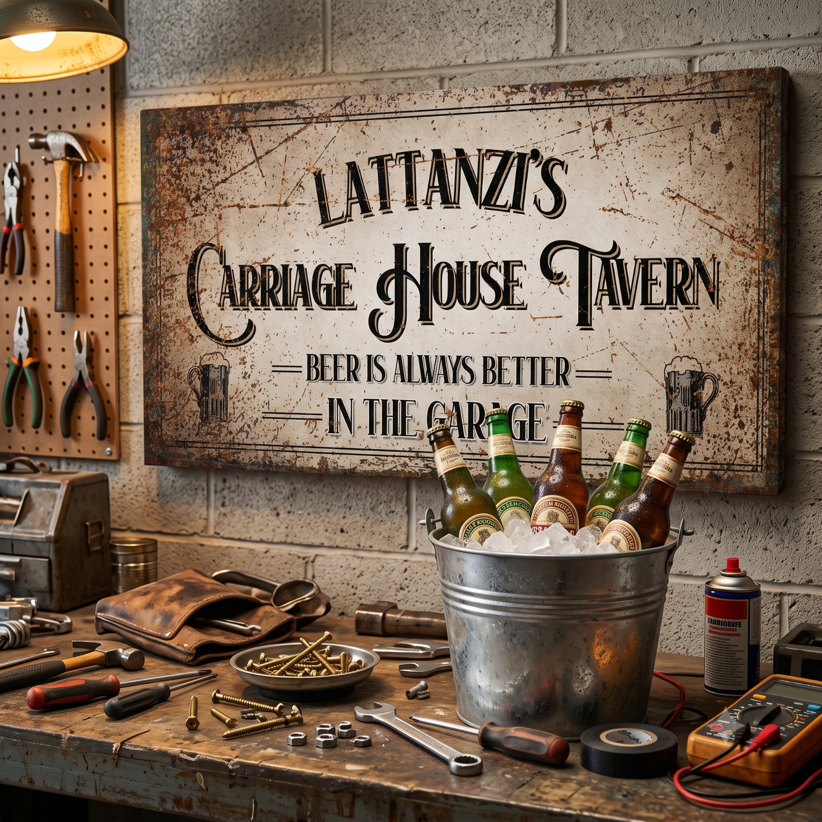 Garage Beer Sign featuring Lattanzi's Carriage House Tavern, capturing the essence of a garage bar atmosphere.