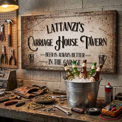 Garage Beer Sign featuring Lattanzi's Carriage House Tavern, capturing the essence of a garage bar atmosphere.
