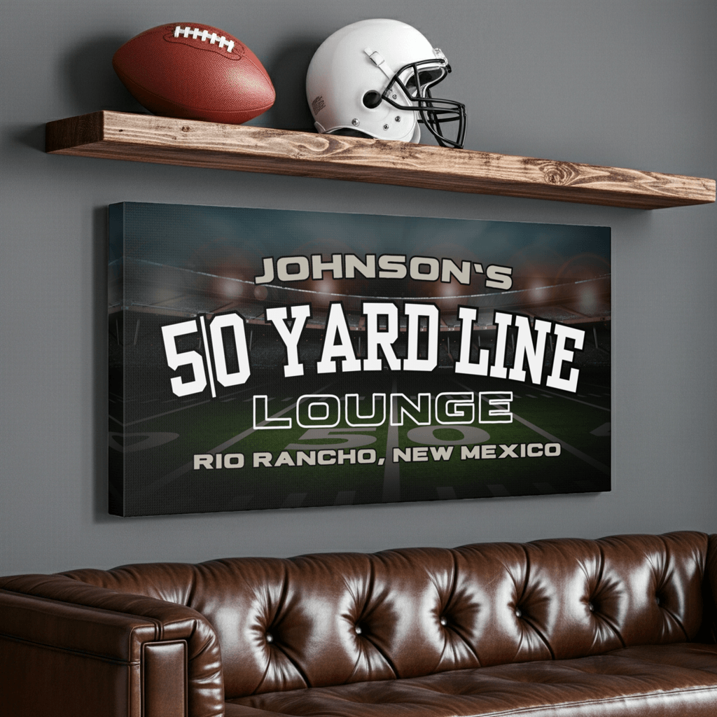 Football Canvas of Johnson's 50 Yard Line Lounge showcasing personalized wall art for a man cave.