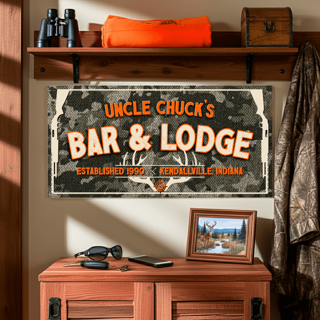 Hunting Lodge Sign featuring Uncle Chuck's Bar & Lodge personalized with established year and location.