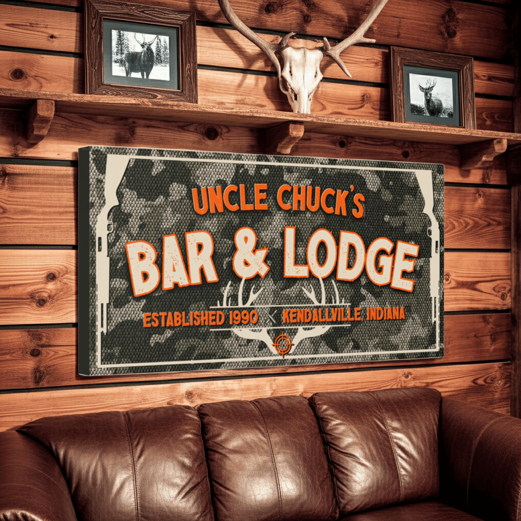 Hunting Lodge Sign featuring personalized details, camouflage background, and antler design in rustic man cave setting.