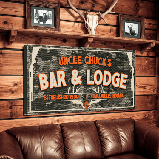 Hunting Lodge Sign featuring personalized details, camouflage background, and antler design in rustic man cave setting.