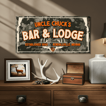 Hunting Lodge Sign featuring Uncle Chuck's Bar & Lodge with camouflage design, established 1990, in Kendallville, Indiana.