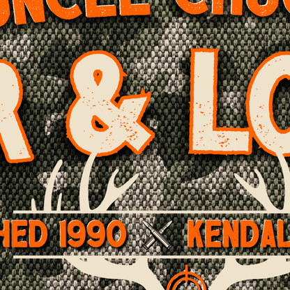 Hunting Lodge Sign featuring rustic design with antlers and camouflage background, personalized for a home bar or lodge.
