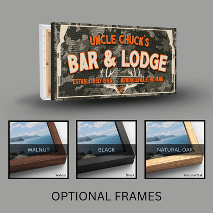 Hunting Lodge Sign featuring Uncle Chuck's Bar & Lodge, camouflage background, custom text, and optional frames.