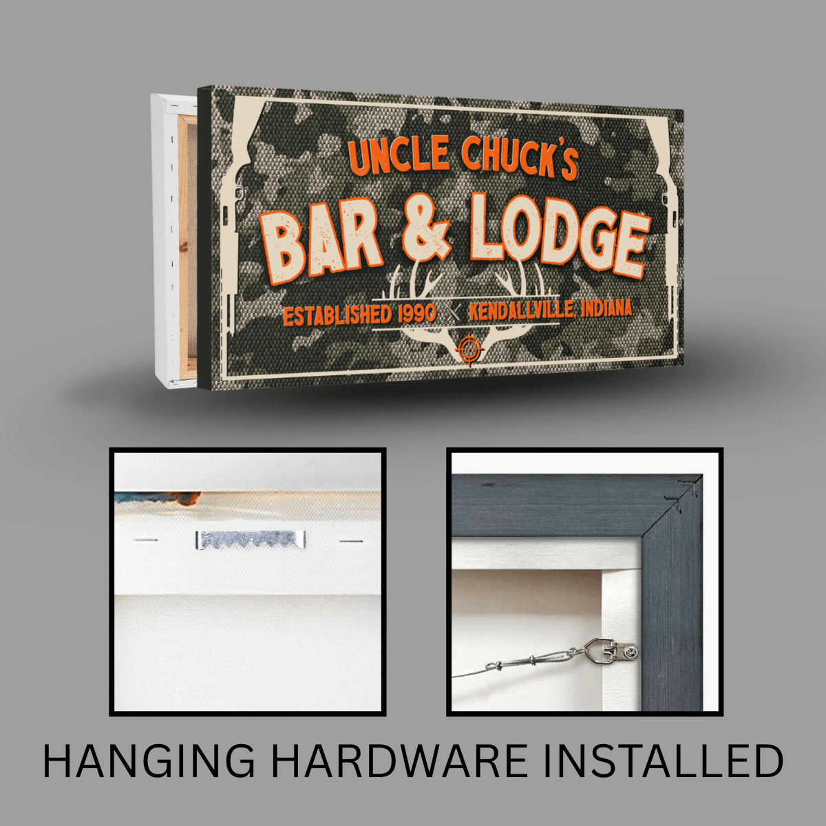 Hunting Lodge Sign featuring personalized details for bar & lodge, established in 1990, with hanging hardware installed.