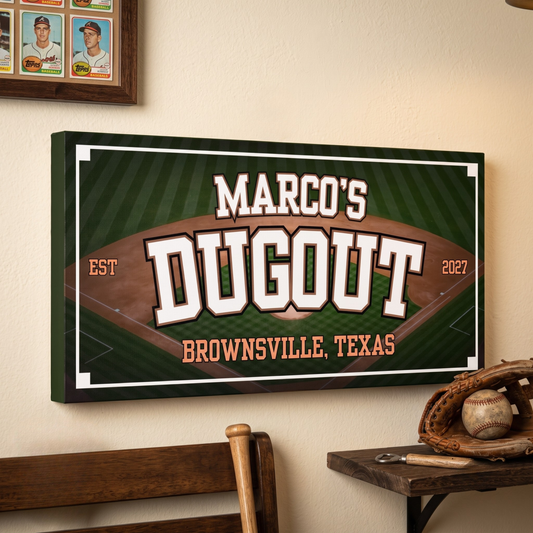 Personalized Baseball canvas featuring 'Marco's Dugout' established in 2027, located in Brownsville, Texas.