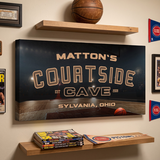 Personalized Basketball Sign featuring custom name, city, state, and year, ideal for man cave decor.