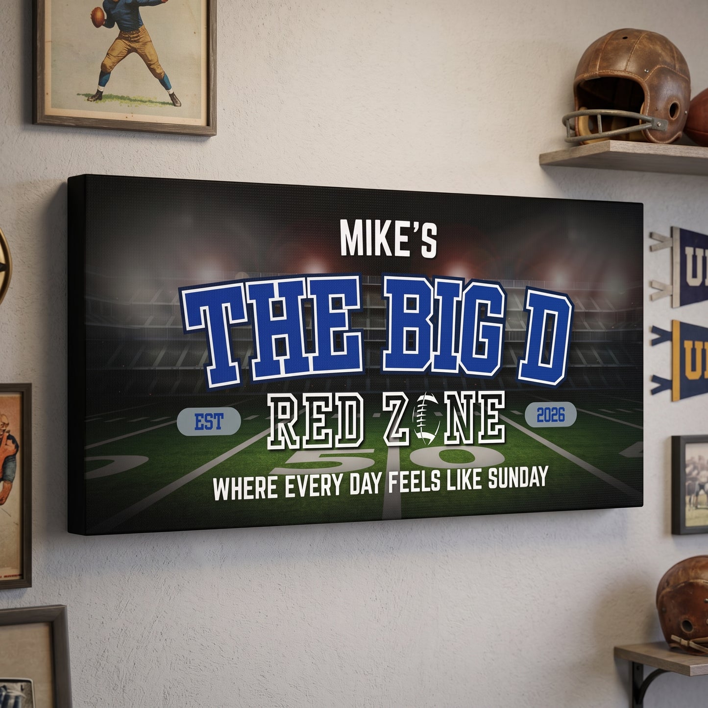 Dallas Football Sign personalized canvas art featuring Mike's Red Zone for the ultimate man cave decor.