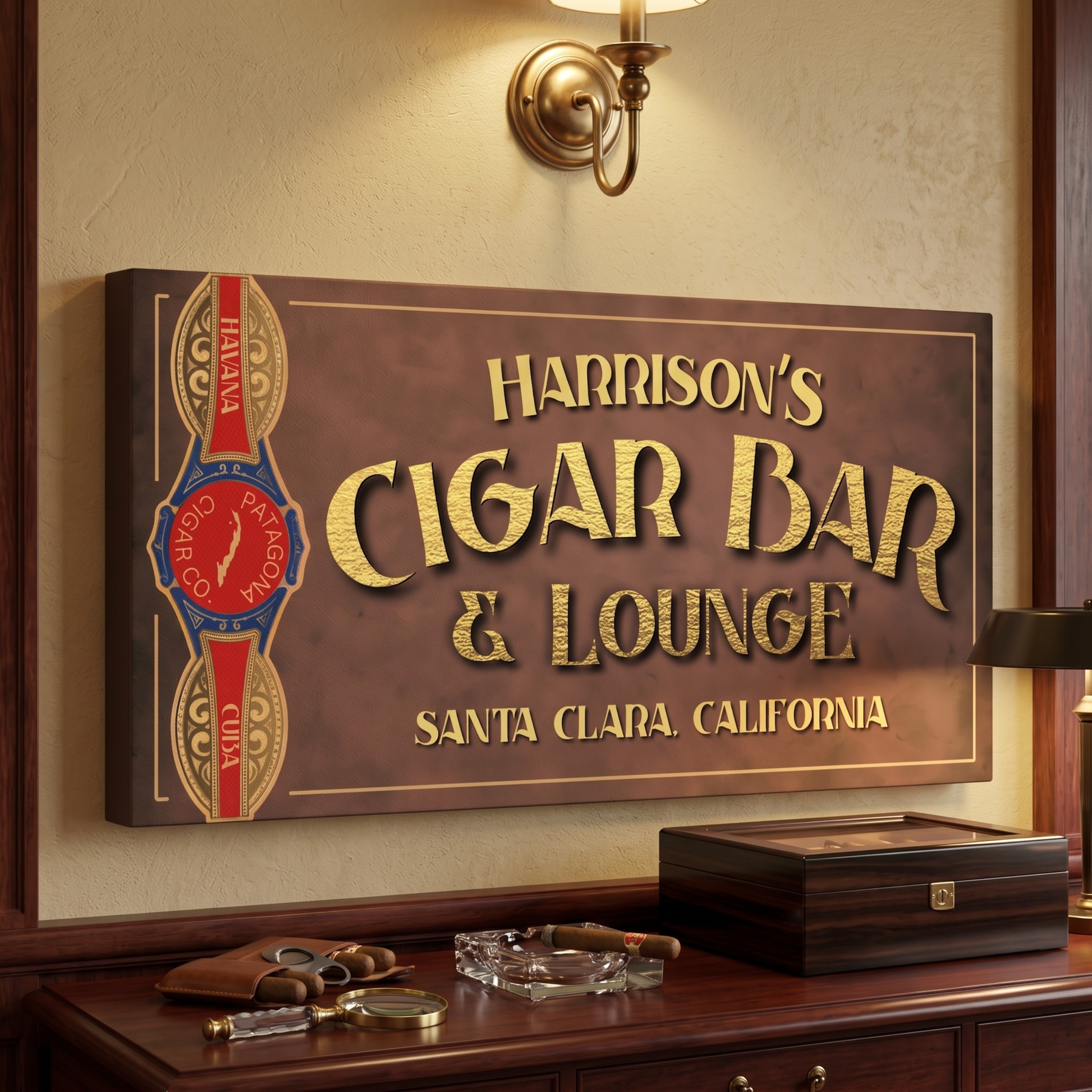 Harrison's Cigar Bar Sign & Lounge canvas for personalized home bar decor in Santa Clara, California.