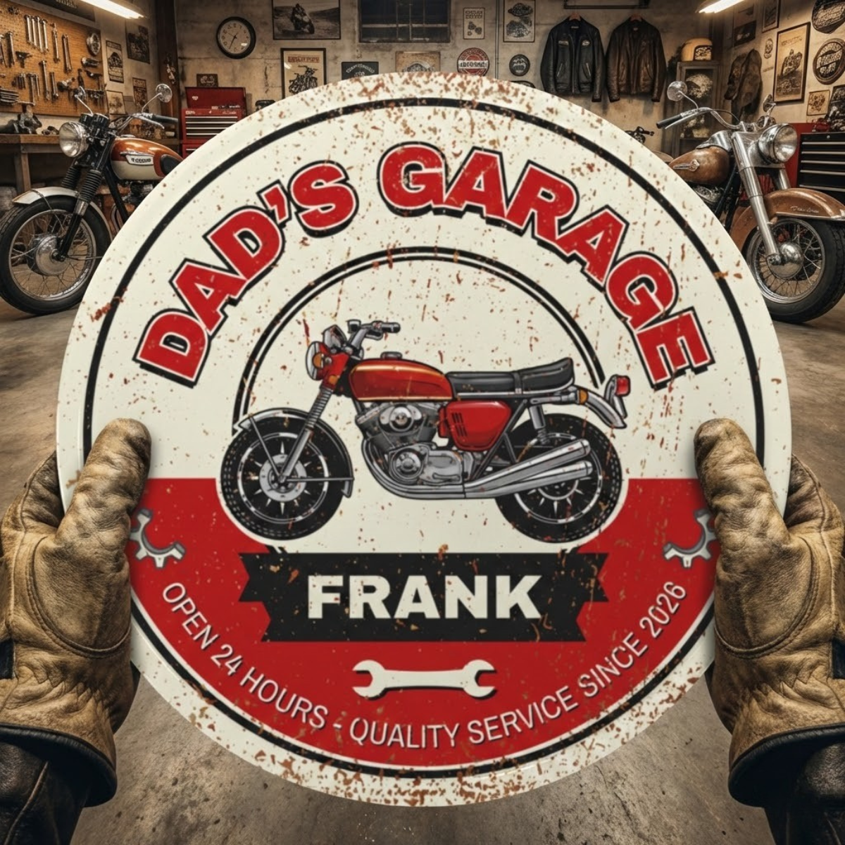 Custom vintage round Dad's Garage Sign featuring a motorcycle, personalized for Frank, in a garage setting.