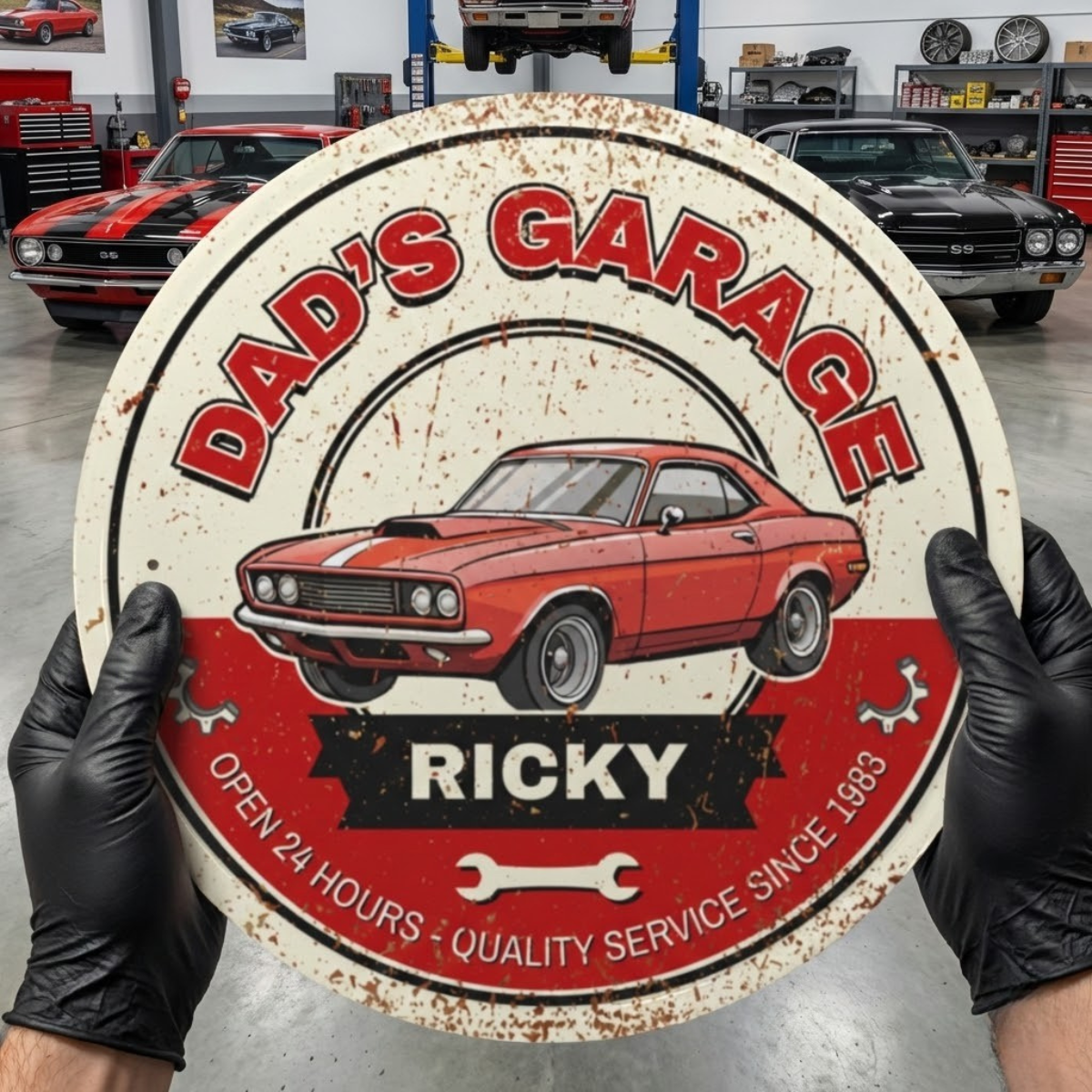 Dad's Garage Sign featuring a vintage red car, personalized with the name Ricky, displayed in a garage setting.