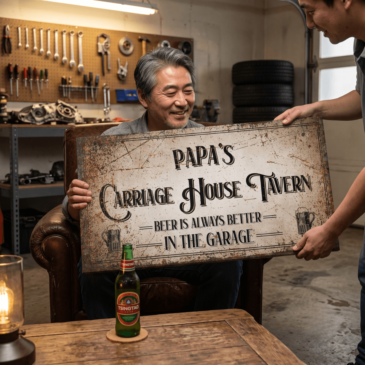 Garage Beer Sign displayed in a garage, capturing the spirit of beer enjoyment in personalized decor.