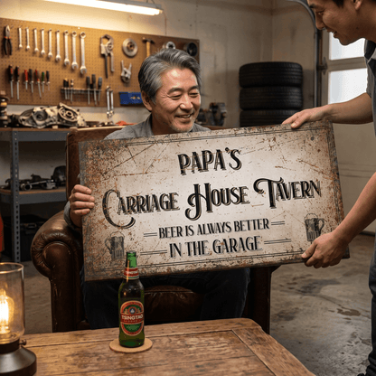 Garage Beer Sign displayed in a garage, capturing the spirit of beer enjoyment in personalized decor.