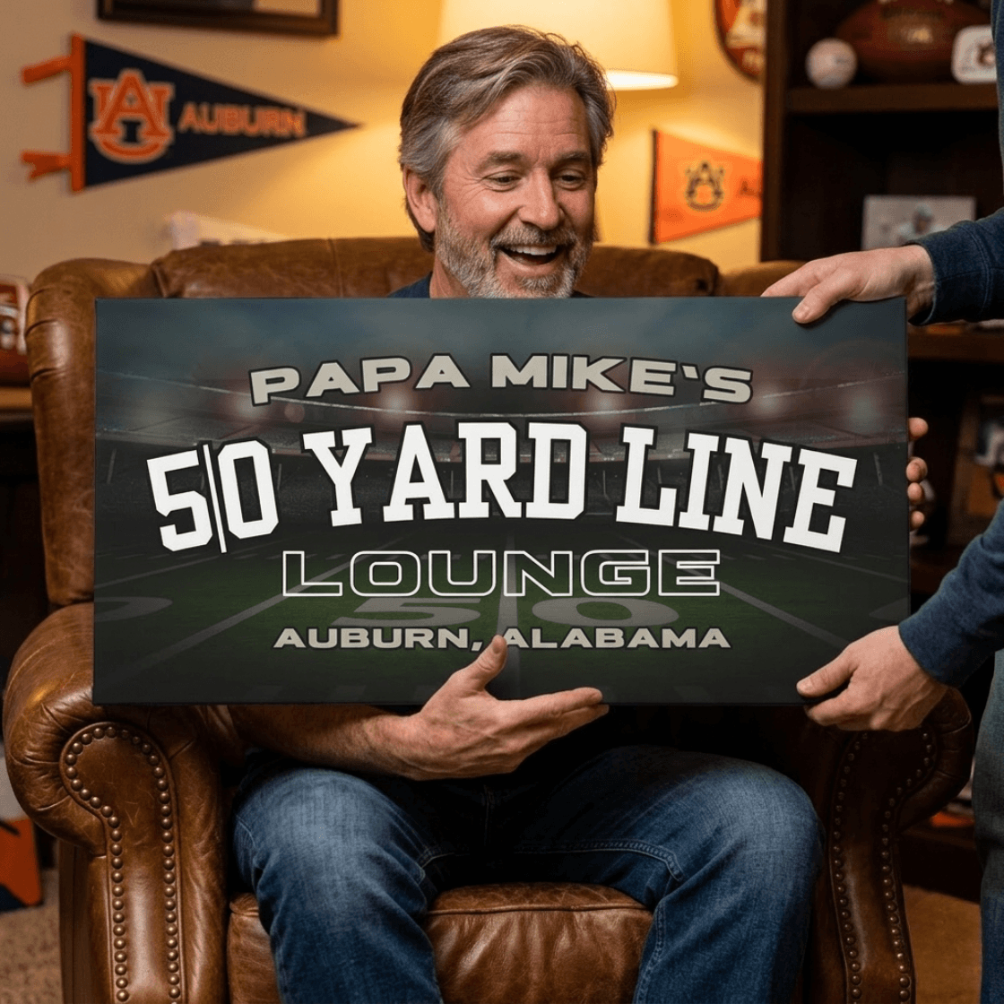 Personalized Football Canvas art featuring Papa Mike's 50 Yard Line Lounge in Auburn, Alabama.