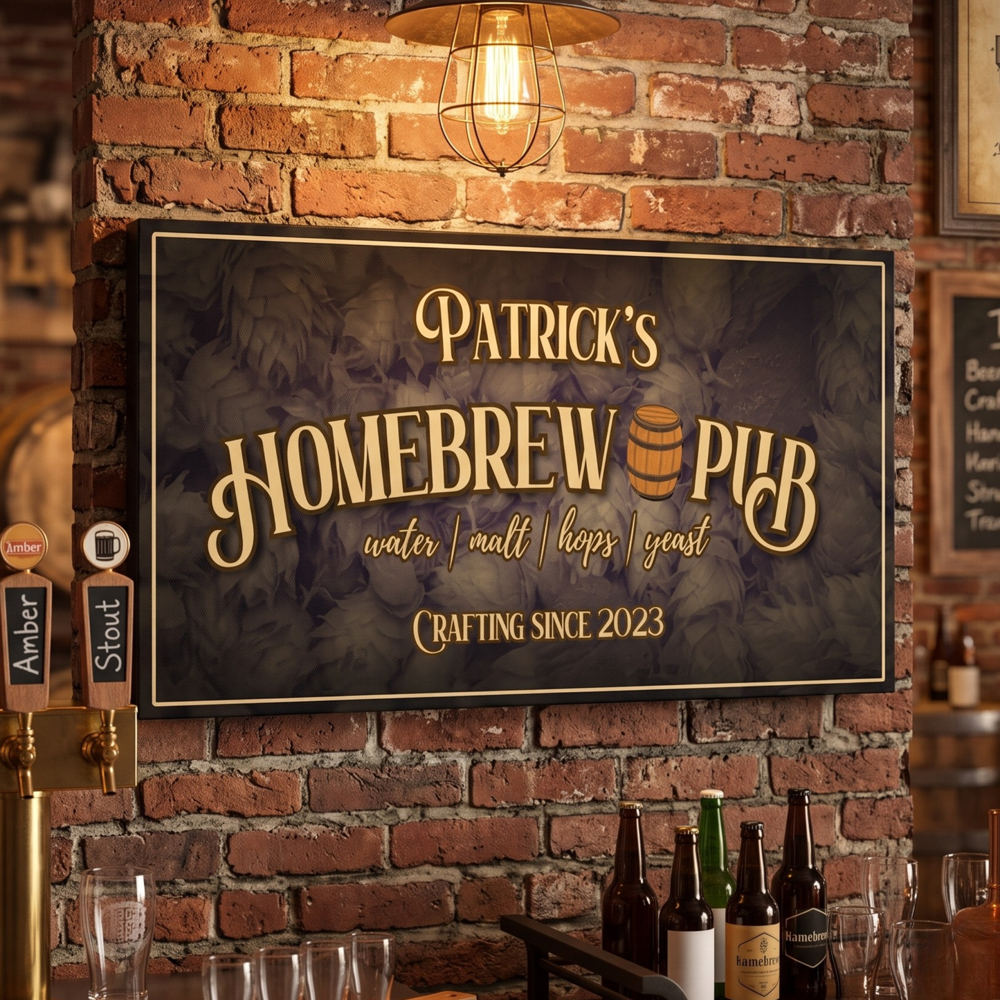 Personalized Homebrewing Sign featuring Patrick's Homebrew Pub with rustic design and brewing elements.