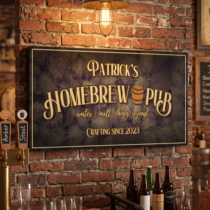 Personalized Homebrewing Sign featuring Patrick's Homebrew Pub with rustic design and brewing elements.