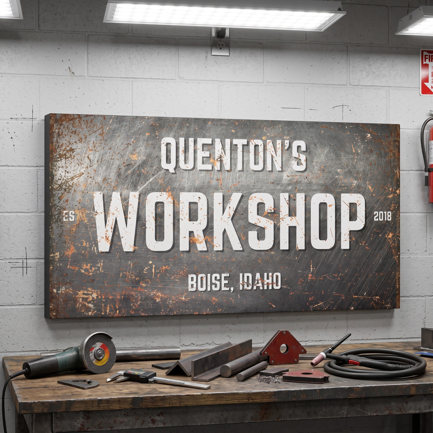 Personalized Workshop Sign displayed in a garage with weathered metal texture, featuring custom name and established year.