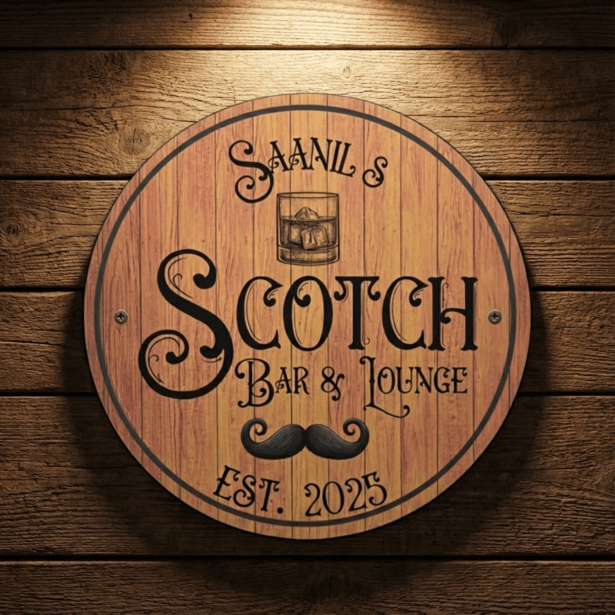 Whiskey Barrel Sign featuring Saanil's Scotch Bar & Lounge, personalized metal barrel lid design.