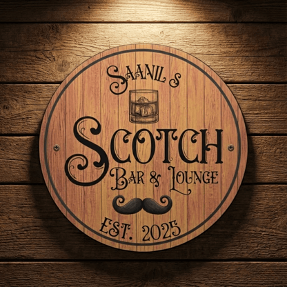 Whiskey Barrel Sign featuring Saanil's Scotch Bar & Lounge, personalized metal barrel lid design.
