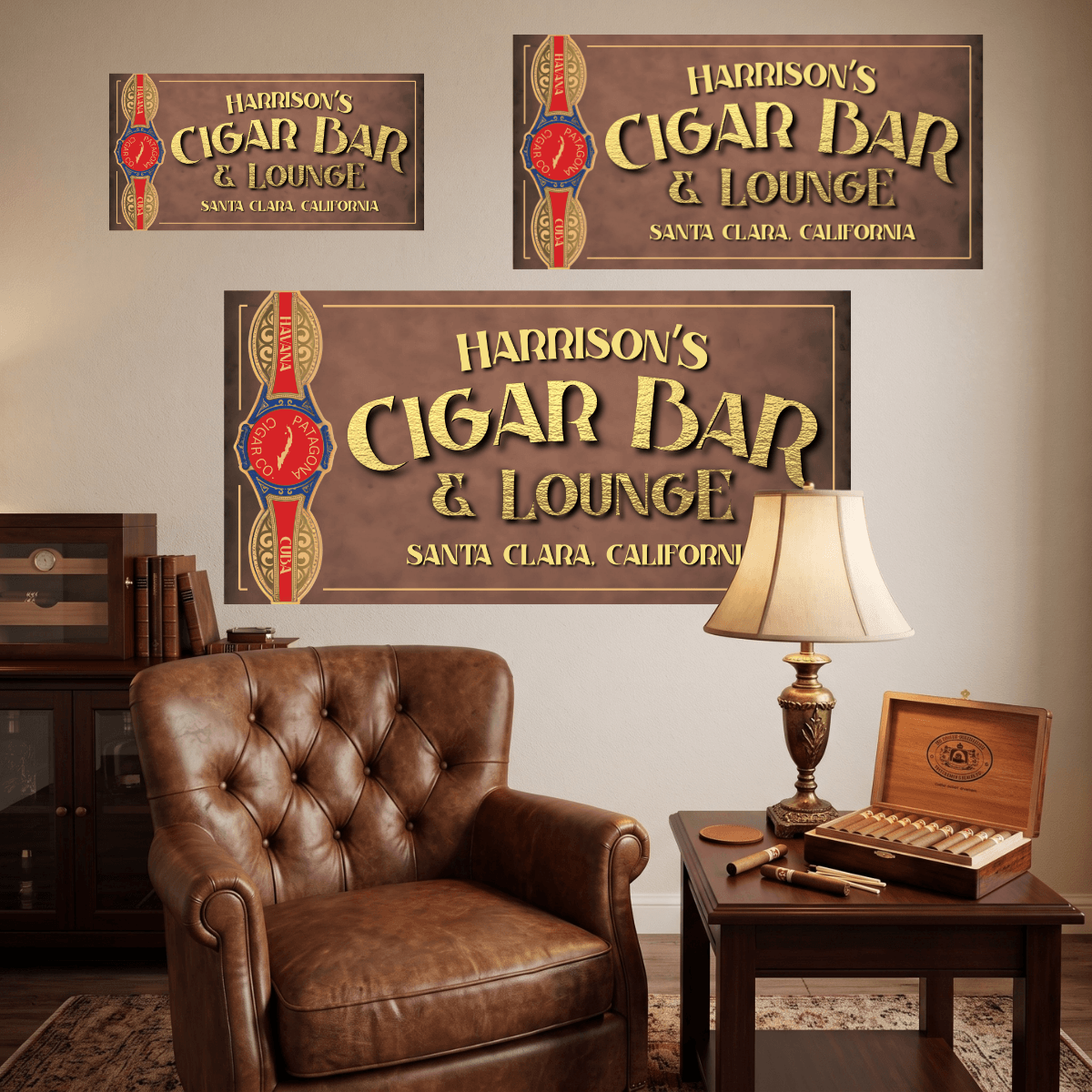 Cigar Bar Sign featuring Harrison's Cigar Bar & Lounge in a cozy home bar setting with a vintage design.