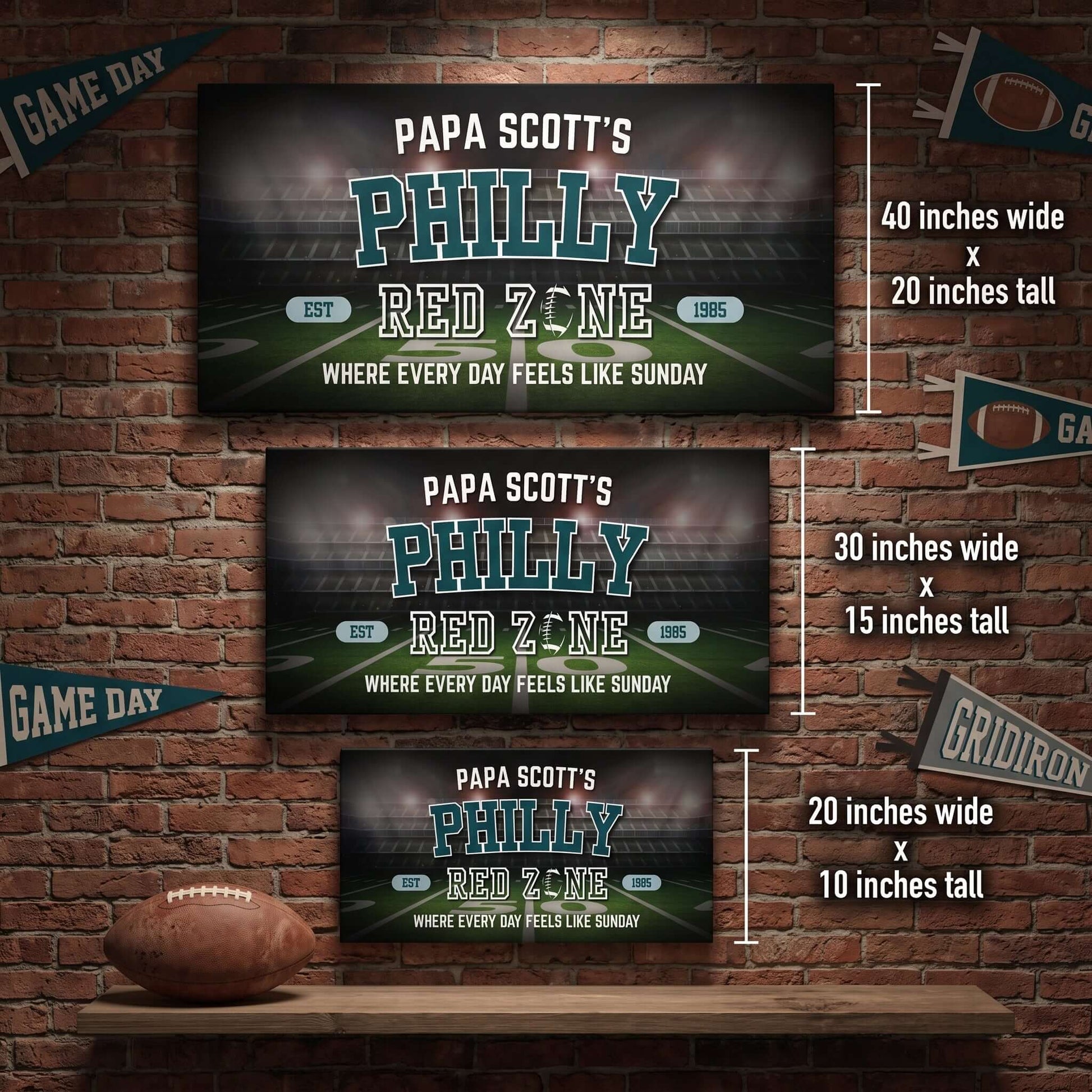 Philadelphia Football Sign featuring personalized design for man cave, showing vibrant colors and dimensions.