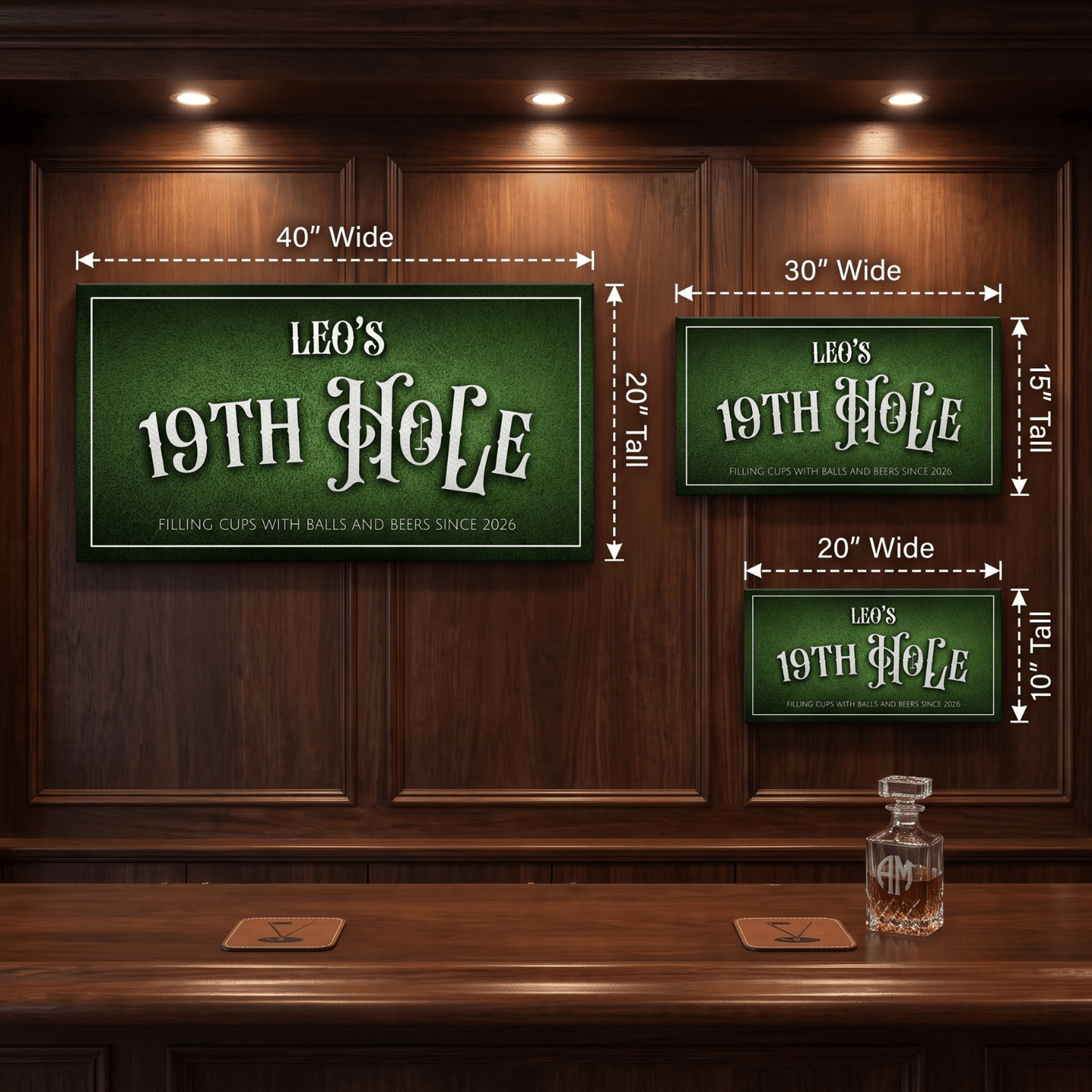 Personalized 19th Hole Sign canvas art with golf-themed design in a man cave setting.
