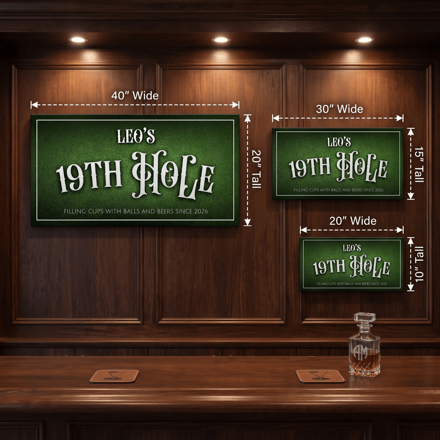 Personalized 19th Hole Sign canvas art with golf-themed design in a man cave setting.