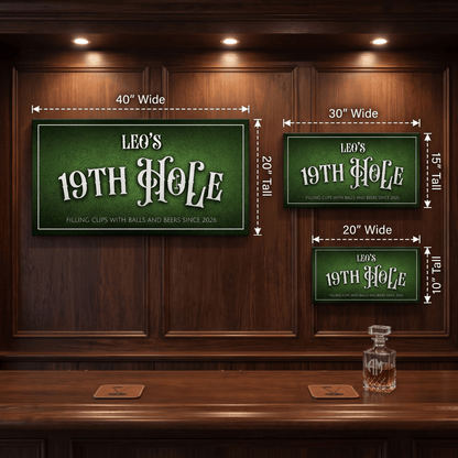 Personalized 19th Hole Sign canvas art with golf-themed design in a man cave setting.
