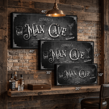 Vintage Man Cave Sign with personalized details displayed on rustic wooden wall.