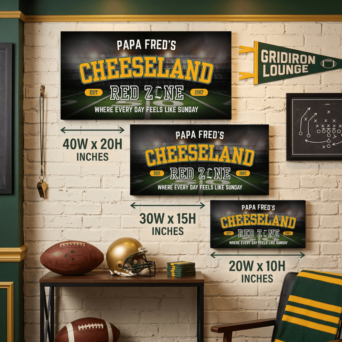 Green Bay Football Sign featuring personalized Cheeseland design for a man cave wall art canvas.