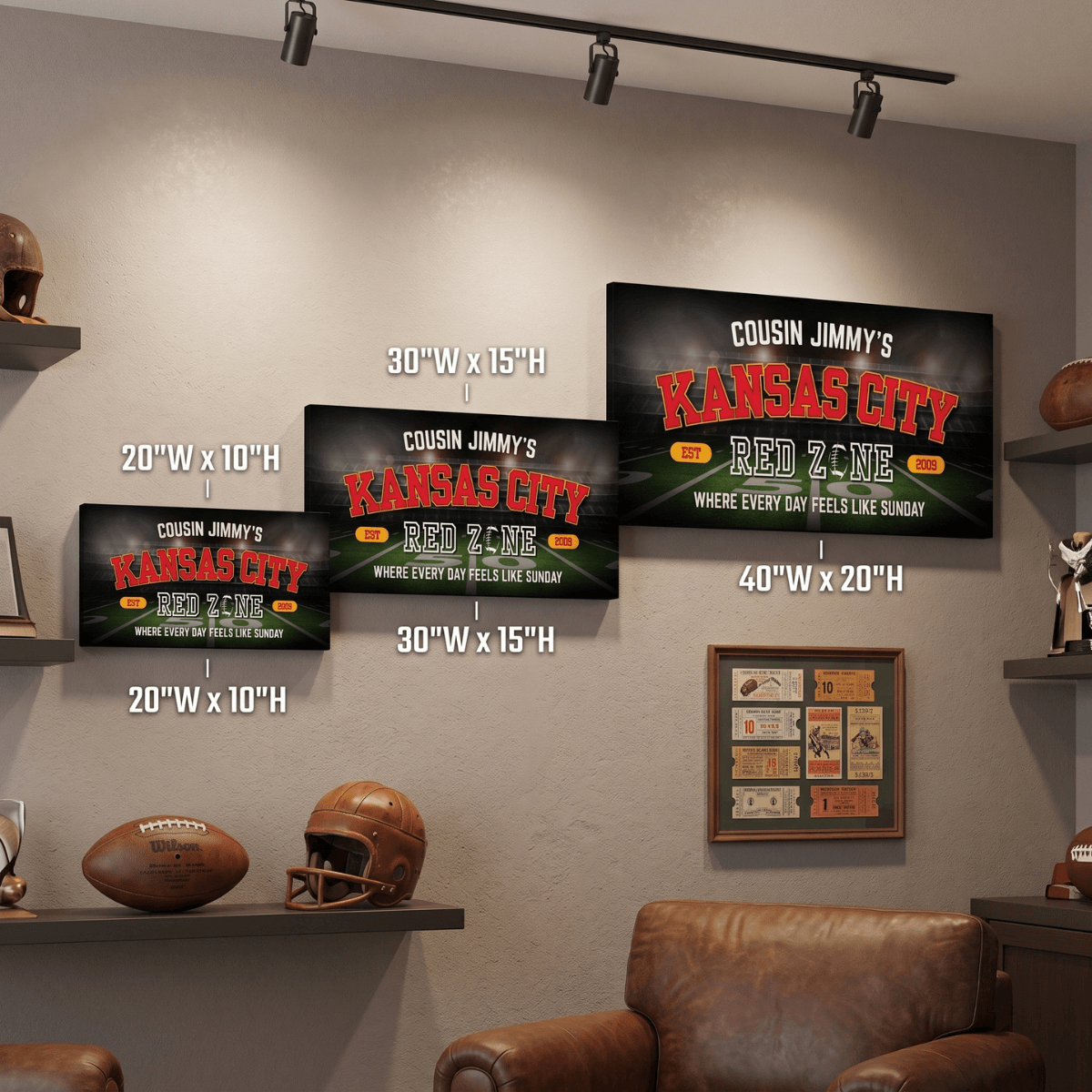 Kansas City Football Sign wall art collection displayed in a man cave setting with football decor