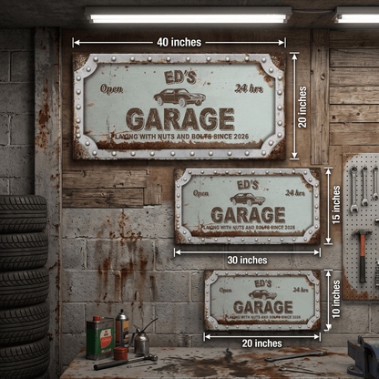 Vintage Garage Sign with rusted effect, personalized for Ed's Garage, showcasing classic car charm in a workshop setting.