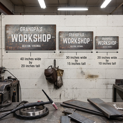 Personalized Workshop Sign sizes displayed in a workshop with weathered metal textures and custom names.