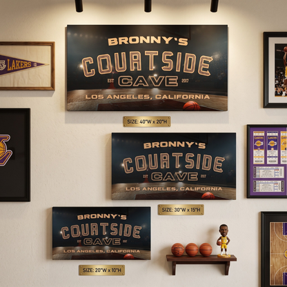 Personalized Basketball Sign display featuring three custom wall art sizes in a man cave setting.